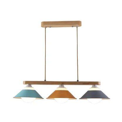 Modern three-light island pendant with wood beam blue orange gray shades E26/E27 Decorbites on Tampa Home & Garden Store
