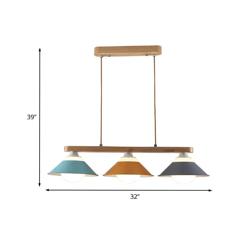 Decorbites three-light island pendant with wood beam and turquoise, orange, gray shade colors on Tampa Home & Garden Store