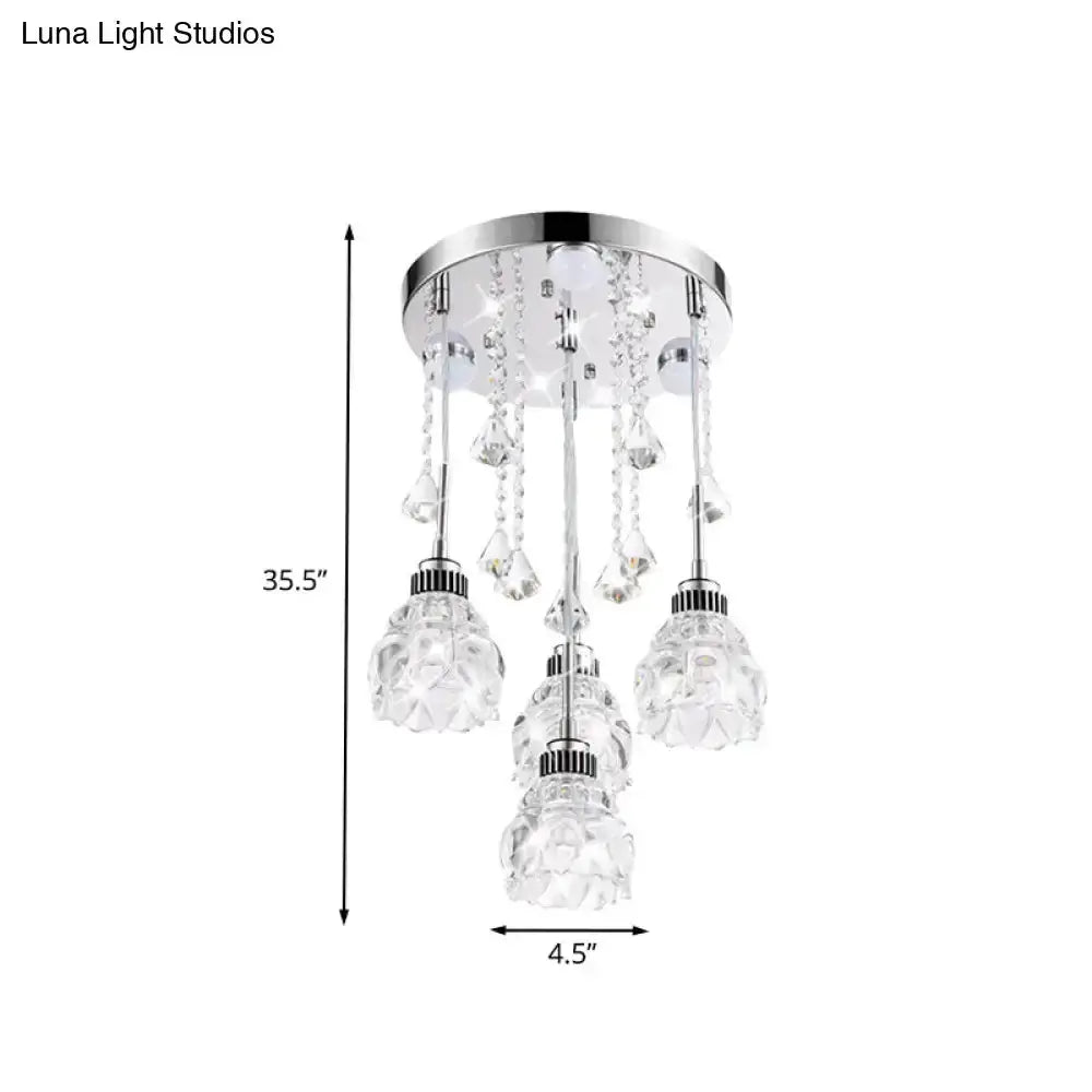 Modern chrome crystal shade pendant light fixture Decorbites with four hanging crystal prisms on Tampa Home & Garden Store