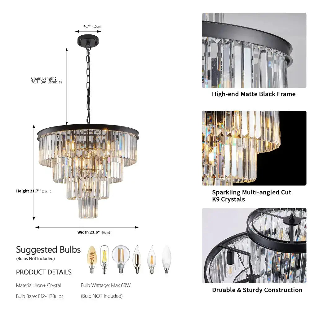 Chandelier Modern 4-tier black crystal pendant light Decorbites, matte black frame on Tampa Home & Garden Store