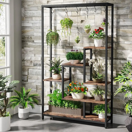 Modern black metal and wood 5 tier indoor plant stand living room