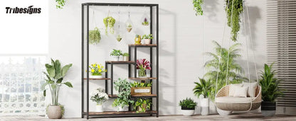 Modern black metal and wood 5 tier indoor plant stand living room