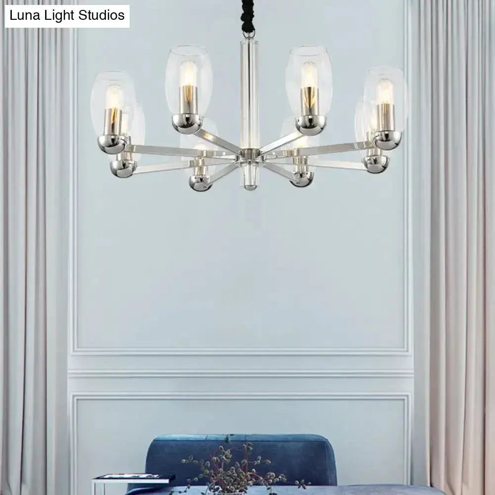 Six-light modern chrome pendant chandelier with clear glass shades for dining room on Tampa Home & Garden Store