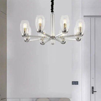 Modern chrome clear glass candle chandelier pendant light with six arms Decorbites on Tampa Home & Garden Store