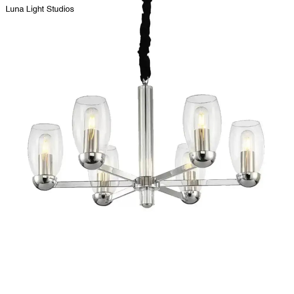 Modern chrome clear glass candle chandelier six-light dining room pendant light by Decorbites on Tampa Home & Garden Store