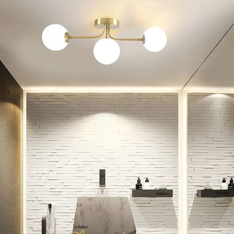Brass Ball Ceiling Light flush mount with three white globe bulbs, Decorbites on Tampa Home & Garden Store