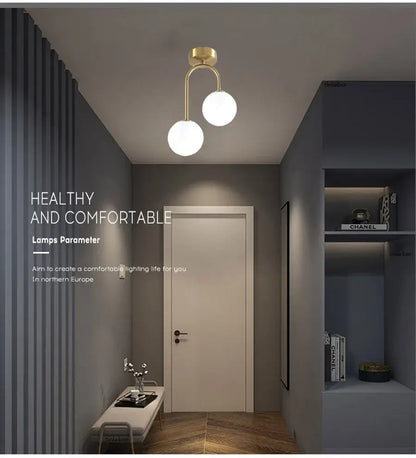 Brass Ball Ceiling Light by Decorbites, dual frosted globes on curved brass arms, flush mount on Tampa Home & Garden Store