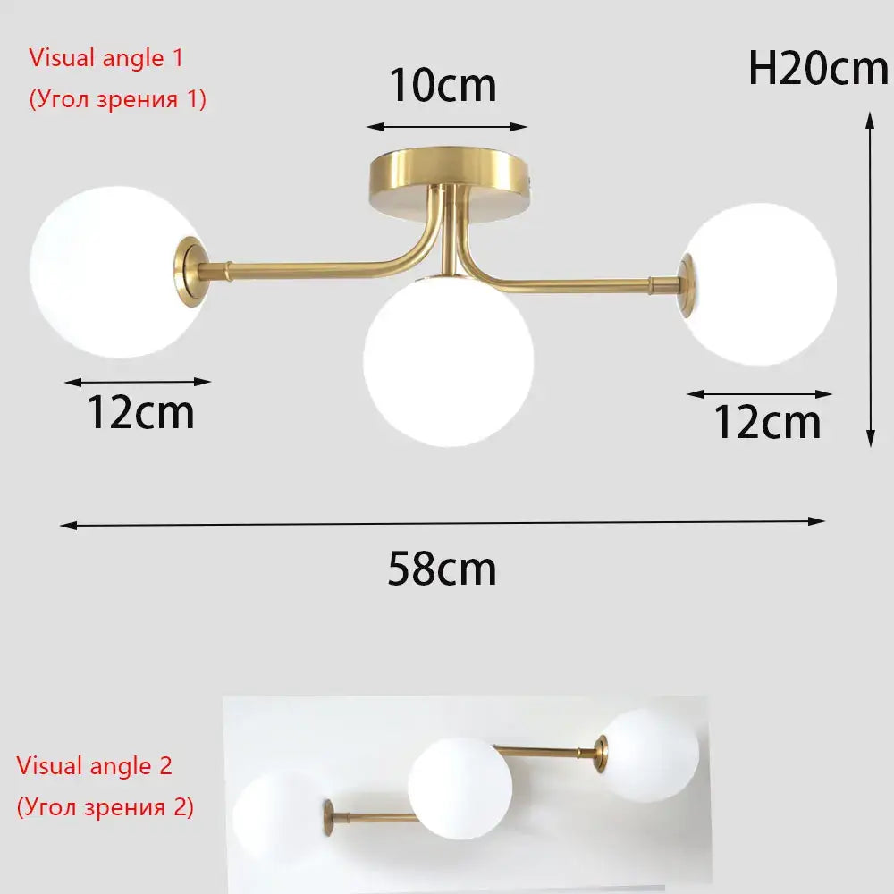 Brass ball ceiling light fixture with three white glass globes on gold arms flush mount on Tampa Home & Garden Store