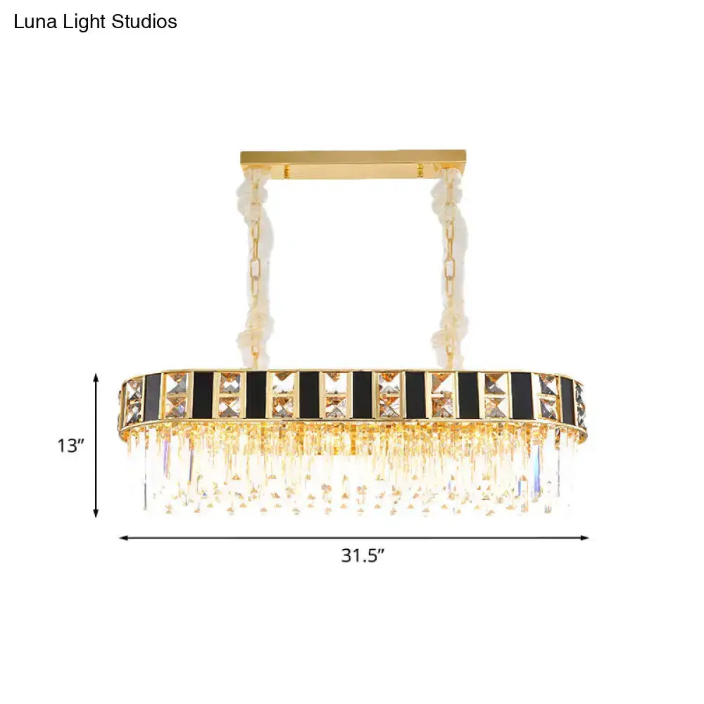 Modern black and gold crystal oval island pendant light with fringe, 31.5in wide on Tampa Home & Garden Store