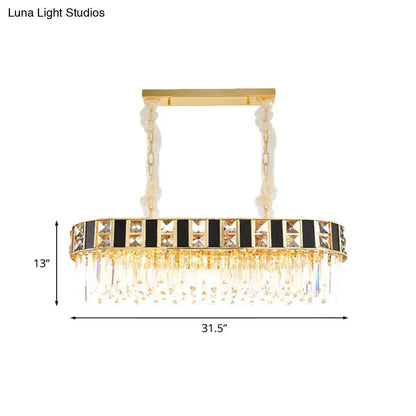 Modern black and gold crystal oval island pendant light with fringe, 31.5in wide on Tampa Home & Garden Store