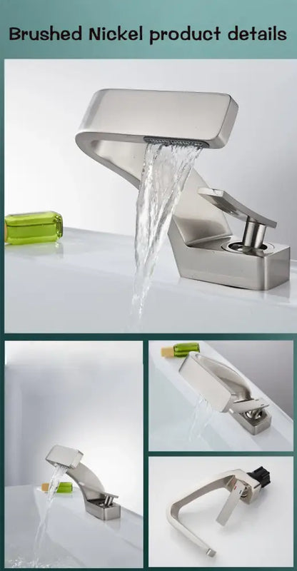 Black Waterfall Sink Faucet in brushed nickel by Decorbites, modern bathroom sink faucet on Tampa Home & Garden Store