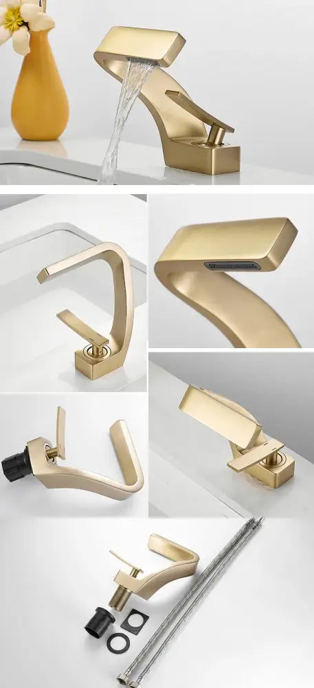 Decorbites gold-tone waterfall bathroom faucet with lever and mounting hardware on Tampa Home & Garden Store