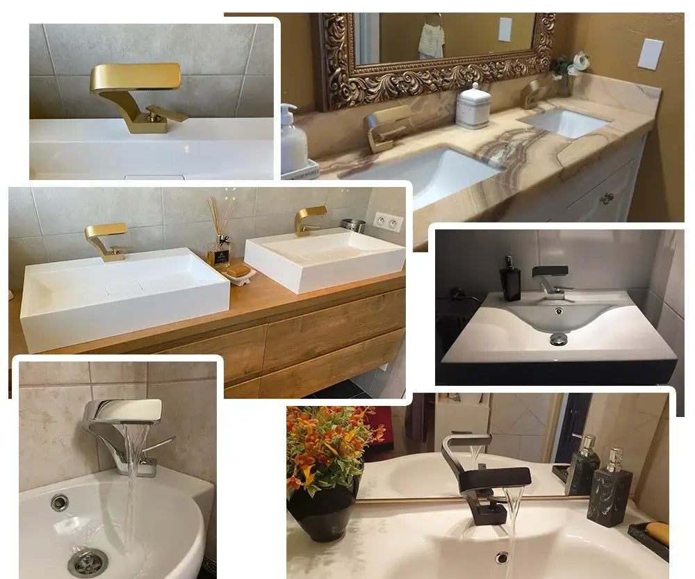 Black waterfall sink faucet collage with gold and chrome fixtures on marble vanities on Tampa Home & Garden Store