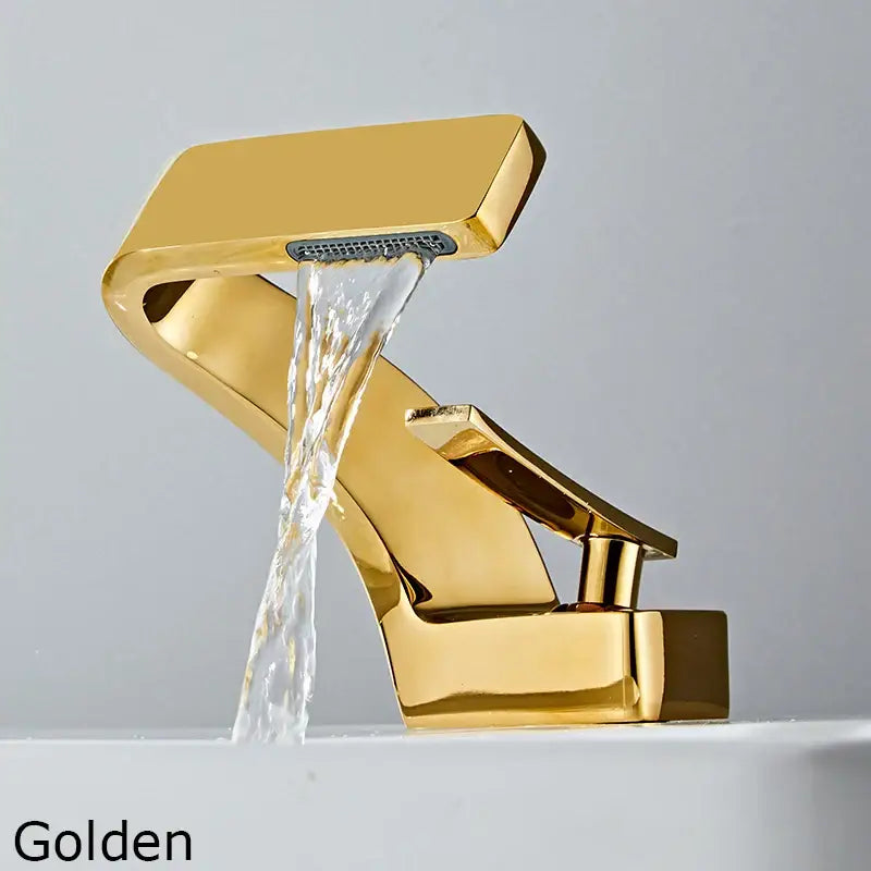 Golden waterfall sink faucet Decorbites for bathroom with angular lever on Tampa Home & Garden Store
