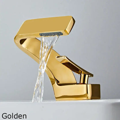 Golden waterfall sink faucet Decorbites for bathroom with angular lever on Tampa Home & Garden Store