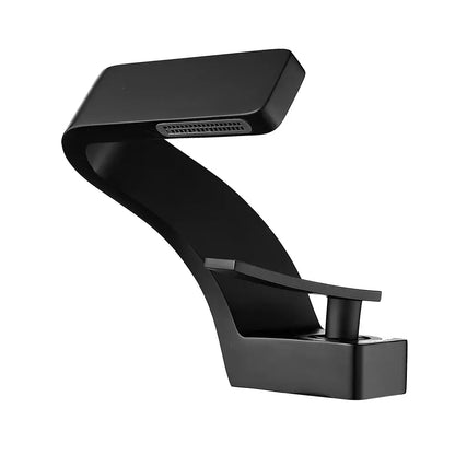 Decorbites black waterfall faucet with curved spout and square base for bathroom sink on Tampa Home & Garden Store
