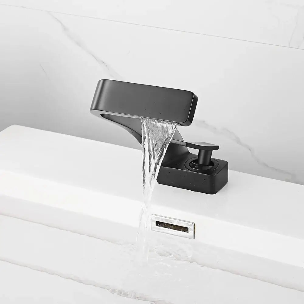 Black Waterfall Sink Faucet by Decorbites with matte finish and square spout, bathroom faucet on Tampa Home & Garden Store