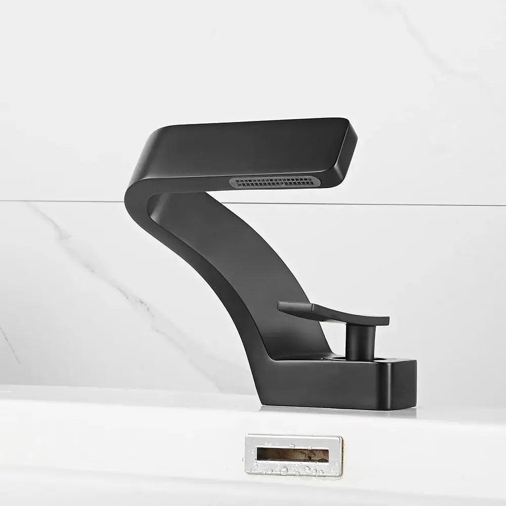 Decorbites bathroom sink faucet, black waterfall design with curved arc and single lever on Tampa Home & Garden Store