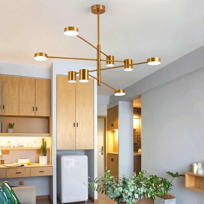 Black Glass Chandelier gold brass multi-arm chandelier with circular white light heads on Tampa Home & Garden Store