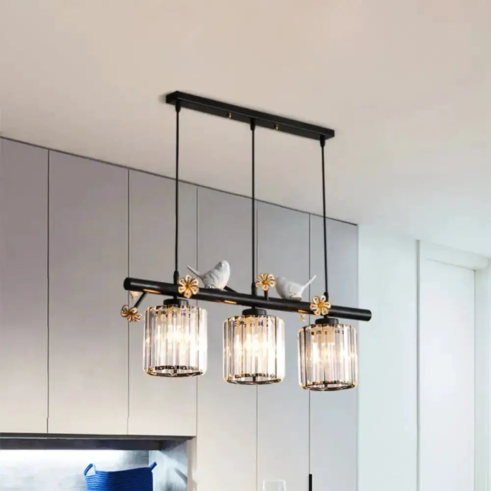 3 pendant lights on a black cylinder kitchen island bar with glass shades and birds Decorbites on Tampa Home & Garden Store