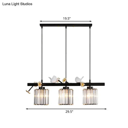 Modern black cylinder island pendant light by Decorbites with three glass shades and birds on Tampa Home & Garden Store