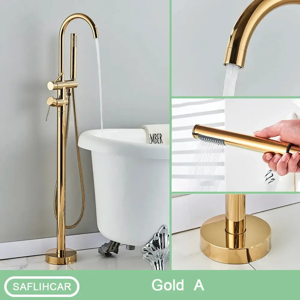 Gold freestanding bathroom faucet with tall arch spout and handheld sprayer by Decorbites on Tampa Home & Garden Store