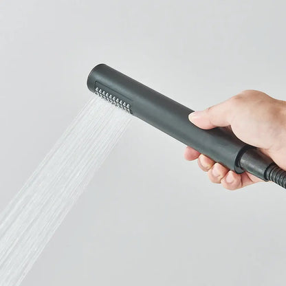 Matte black Decorbites freestanding bathroom sink faucet handheld spray nozzle in use on Tampa Home & Garden Store
