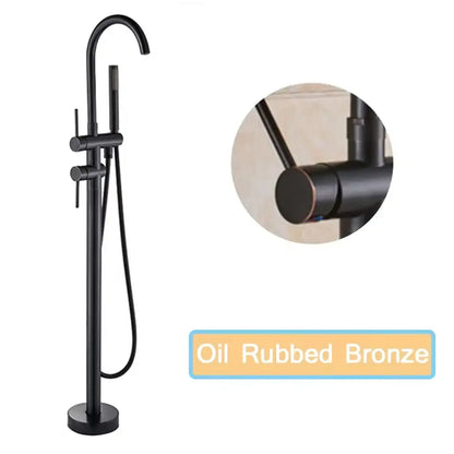 Matte black freestanding bathroom faucet by Decorbites with gooseneck spout and dual levers on Tampa Home & Garden Store