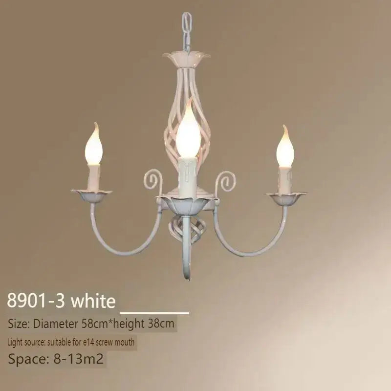 Black Iron Scroll Chandelier white finish metal frame with three candle-style lights on Tampa Home & Garden Store