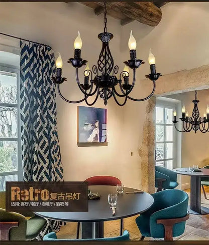 Two Black Iron Scroll Chandeliers by Decorbites, six-arm antique iron with candle bulbs on Tampa Home & Garden Store