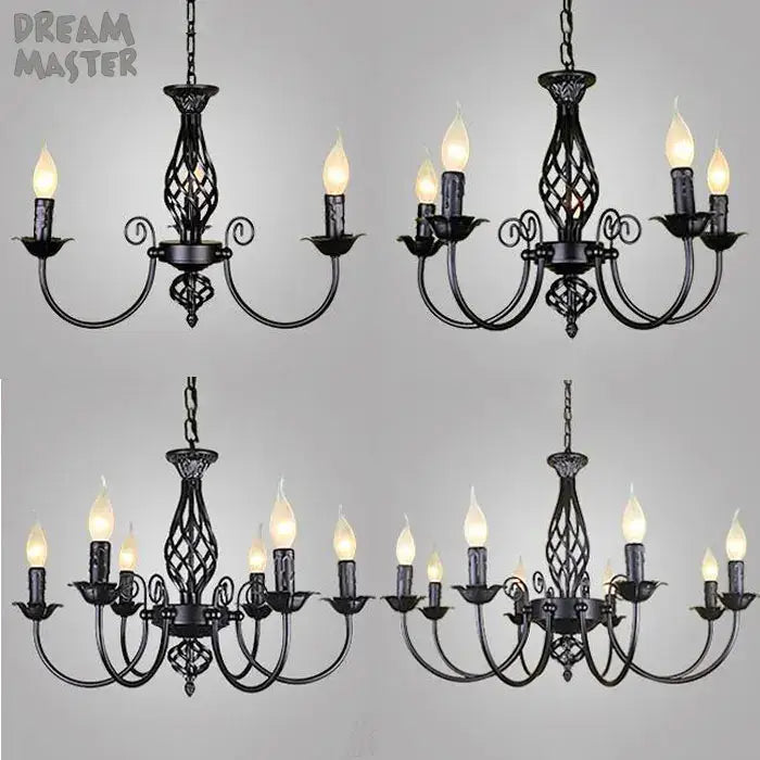 Set of four black iron scroll chandeliers by Decorbites with candle-style bulbs on Tampa Home & Garden Store