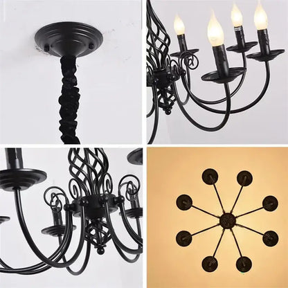 Black iron scroll chandelier by Decorbites with curved arms and candle bulbs, ceiling mount on Tampa Home & Garden Store