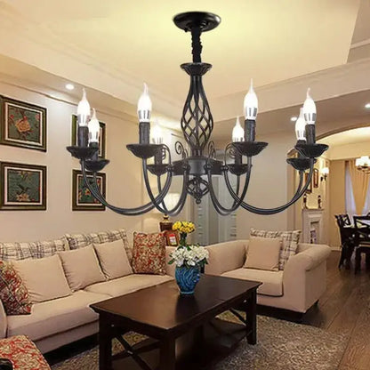 Black iron scroll chandelier, 6-light, dark metal finish in a cozy beige living room on Tampa Home & Garden Store
