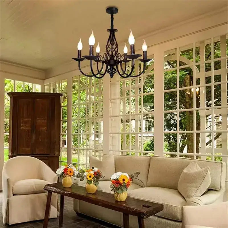 Black Iron Scroll Chandelier by Decorbites, six-arm candle-style iron lighting on Tampa Home & Garden Store