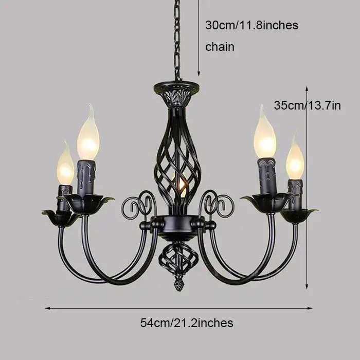 Black Iron Scroll Chandelier by Decorbites with five candle bulbs, twisted arms, chain on Tampa Home & Garden Store