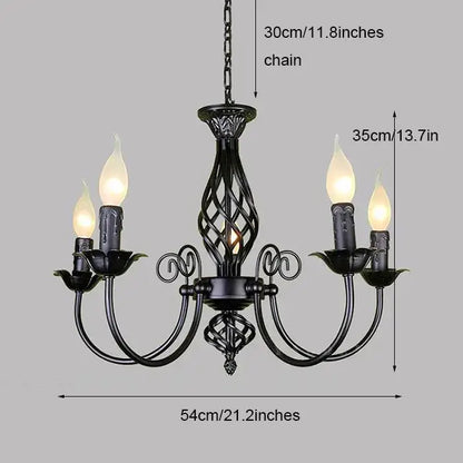 Black Iron Scroll Chandelier by Decorbites with five candle bulbs, twisted arms, chain on Tampa Home & Garden Store