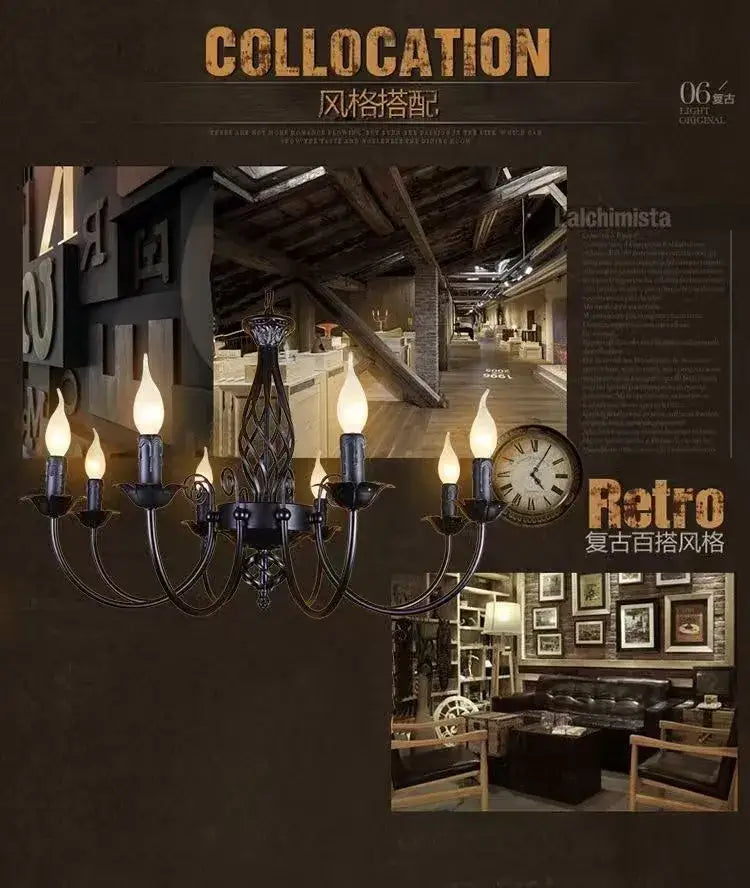 Black iron scroll chandelier by Decorbites with candle-style bulbs and curved metal arms on Tampa Home & Garden Store