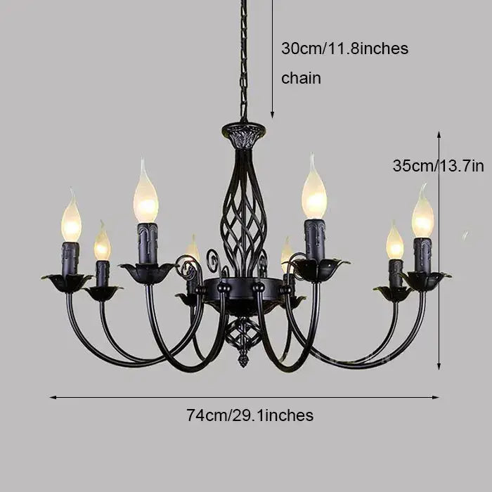 Black iron scroll chandelier with candle bulbs, by Decorbites, 74 cm wide on Tampa Home & Garden Store