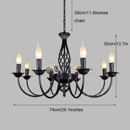 Black iron scroll chandelier with candle bulbs, by Decorbites, 74 cm wide on Tampa Home & Garden Store