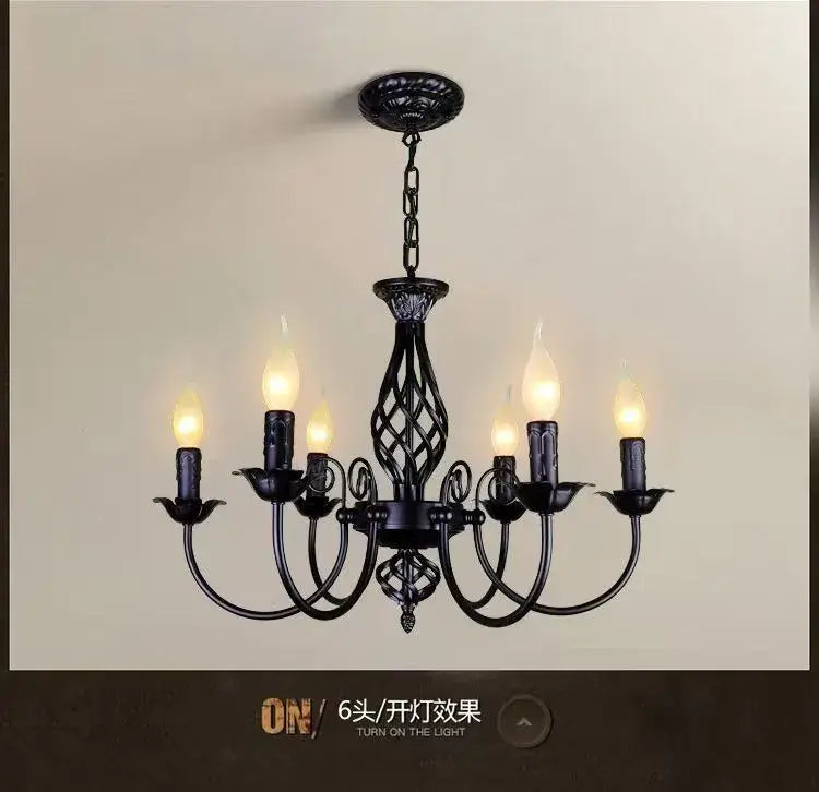 Black iron scroll chandelier with six candle-style lights, chain-hung, Decorbites on Tampa Home & Garden Store