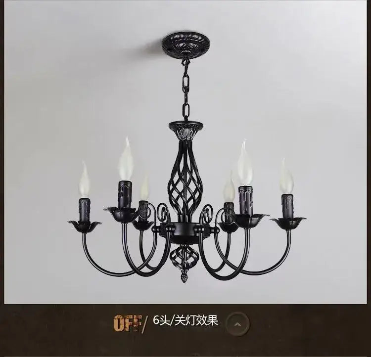 Black Iron Scroll Chandelier by Decorbites with six candle bulbs in wrought iron on Tampa Home & Garden Store