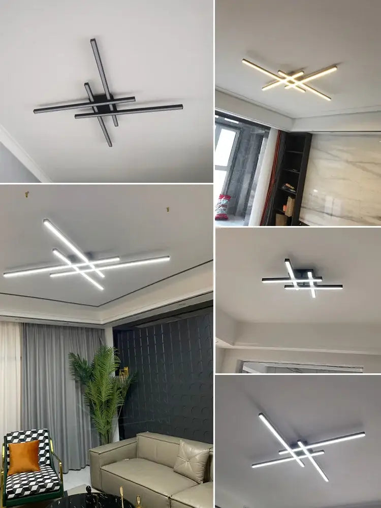 Black Square LED Chandelier by Decorbites with intersecting matte black bars, ceiling mount on Tampa Home & Garden Store