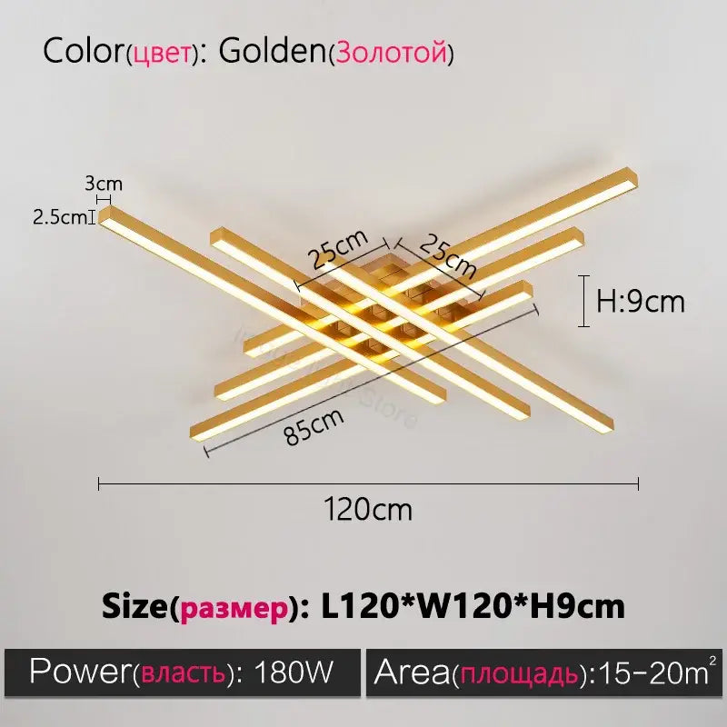 Black Square LED Chandelier with golden interwoven bars, 120x120x9 cm, 180W ceiling light on Tampa Home & Garden Store