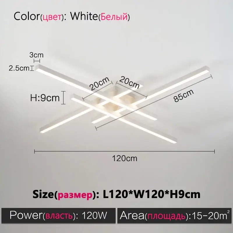 White square LED chandelier by Decorbites with intersecting light bars, 120x120 cm on Tampa Home & Garden Store