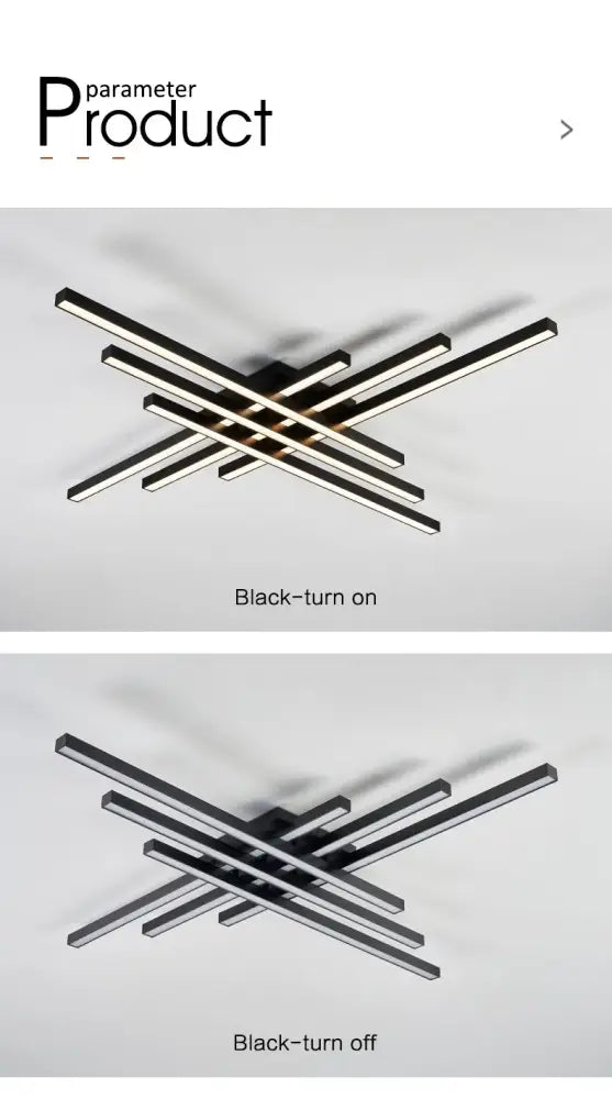 Black Square LED Chandelier by Decorbites, black metal intersecting bars, on/off view on Tampa Home & Garden Store