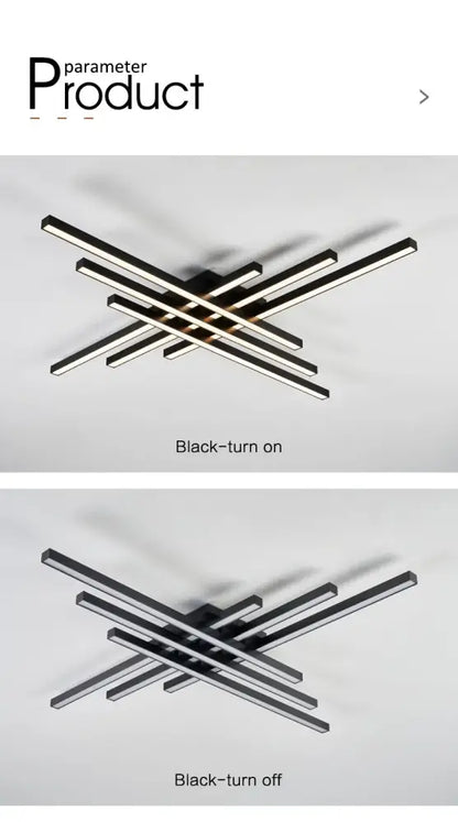 Black Square LED Chandelier by Decorbites, black metal intersecting bars, on/off view on Tampa Home & Garden Store
