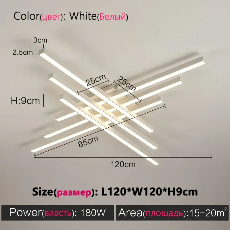 Decorbites white square LED chandelier with intersecting linear bars, L120×W120×H9 cm, 180W on Tampa Home & Garden Store