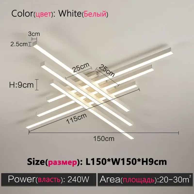 Black Square LED Chandelier with six intersecting white LED bars, 150x150 cm, 9 cm high on Tampa Home & Garden Store