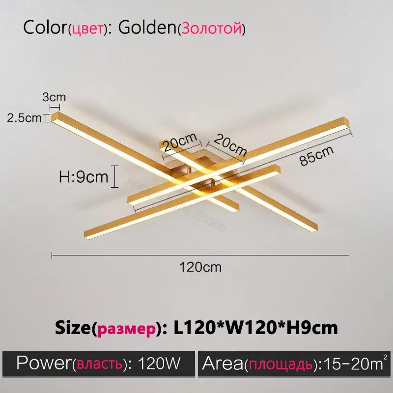 Black Square LED Chandelier by Decorbites, geometric gold-tone LED bars, 120W, 120cm on Tampa Home & Garden Store