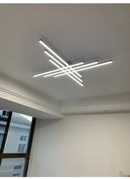 Black Square LED Chandelier with intersecting linear LED bars, modern ceiling light on Tampa Home & Garden Store